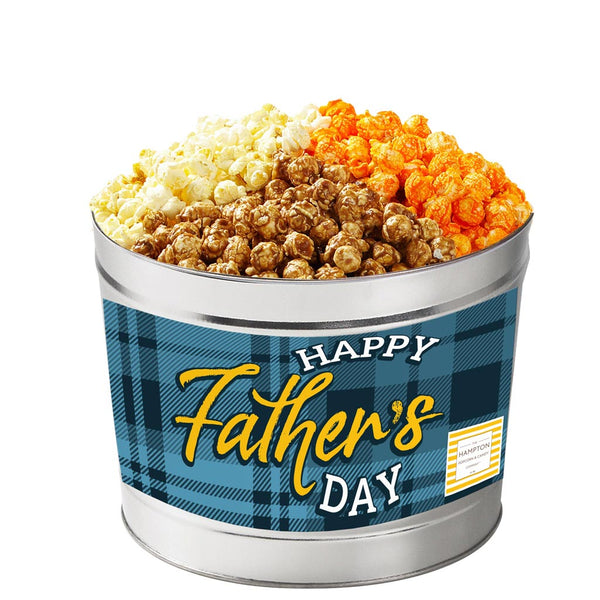 3 way popcorn tin featuring butter, caramel and orange cheddar cheese popcorn.
