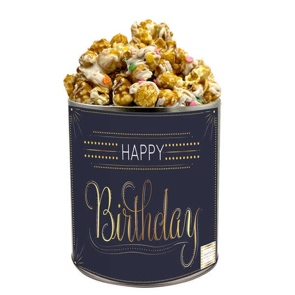 White Chocolate Birthday Cake with Confetti Popcorn Tin