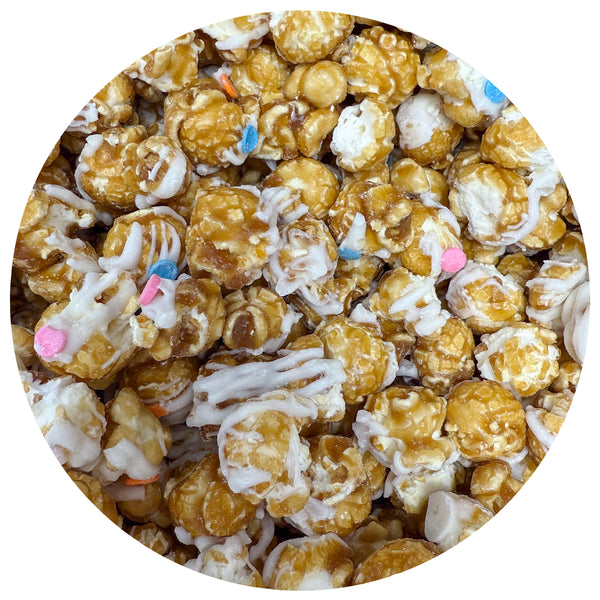 White Chocolate Birthday Cake with Confetti Popcorn Tin
