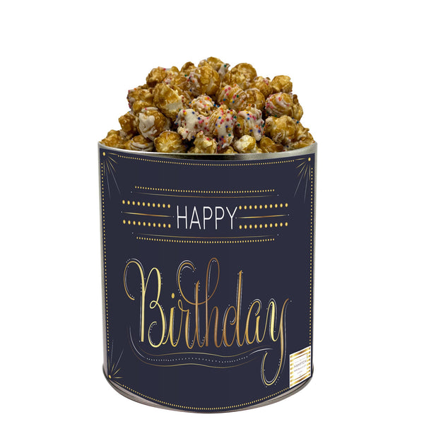 White Chocolate Birthday Cake with Nonpareils Popcorn Tin