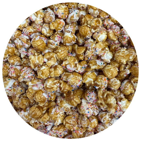 White Chocolate Birthday Cake with Nonpareils Popcorn Tin