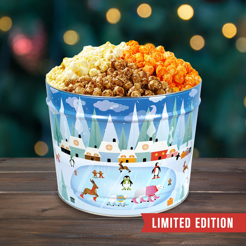 3 Flavor Hampton Classic: 2 Gallon Snowy Winter Village Popcorn Tin